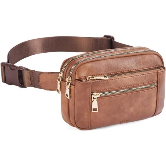 Women PU Leather Fanny Pack, Waist Bags Light Brown - Picture 1 of 6